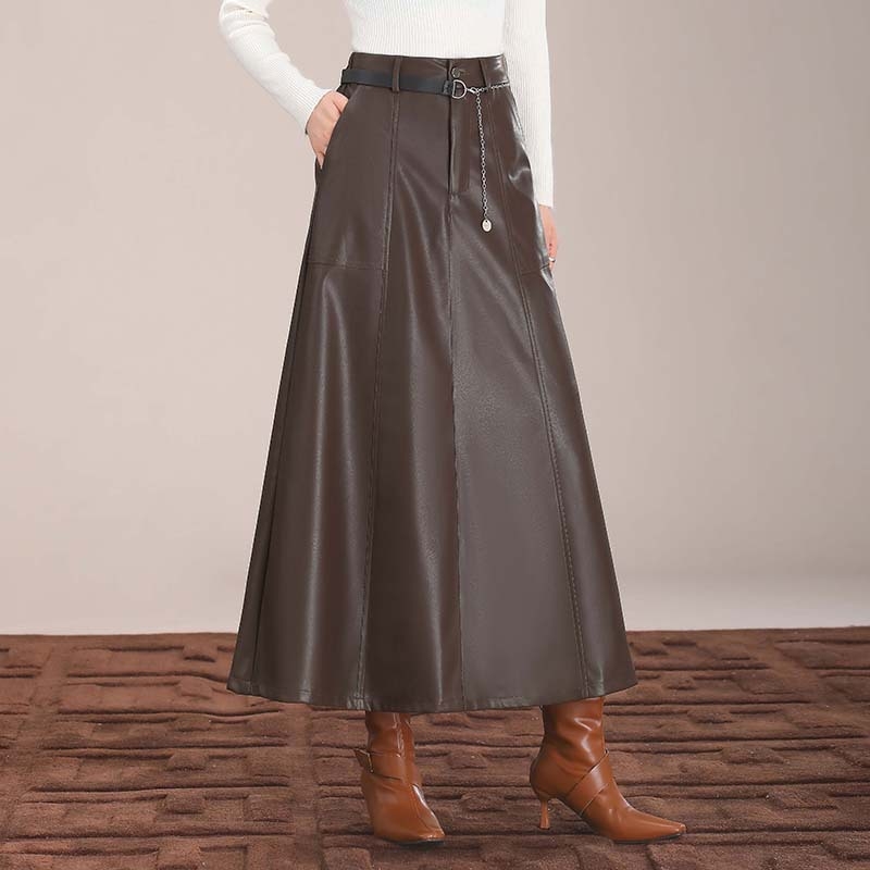 Fustă lungă din PU, talie înaltă, croială în A, toamnă 2024, stil casual coreano-japonez