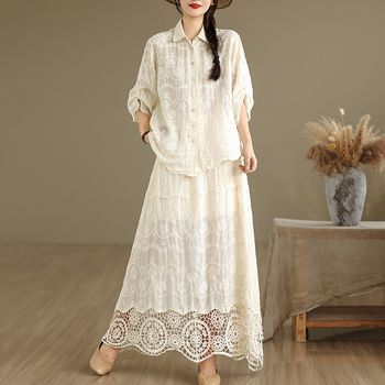 Set de femei: top brodat cu dantelă și fustă lungă evazată, model floral, bumbac, 90–95% bumbac