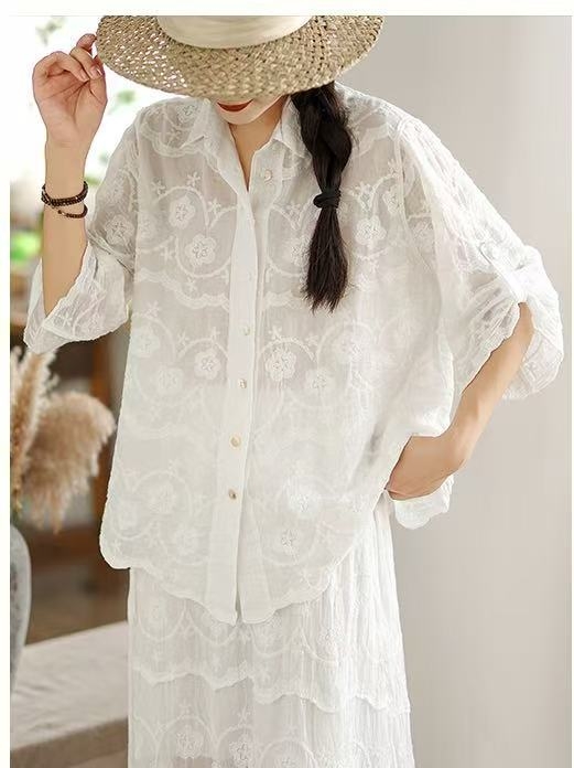 Set de femei: top brodat cu dantelă și fustă lungă evazată, model floral, bumbac, 90–95% bumbac