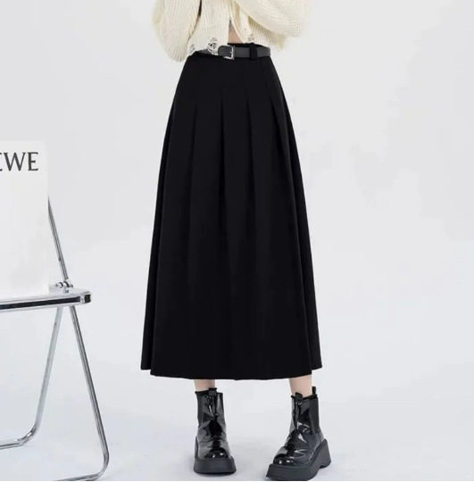 Fustă plisată lungă din lână, textură zbârcită, conținut poliester 50–70%