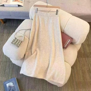 Ženska vunena pletena suknja, srednje duljine, visokim strukom, gusta tkanina, A-linija, elegantan poslovni stil