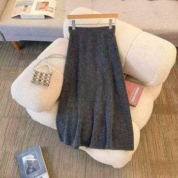 Ženska vunena pletena suknja, srednje duljine, visokim strukom, gusta tkanina, A-linija, elegantan poslovni stil