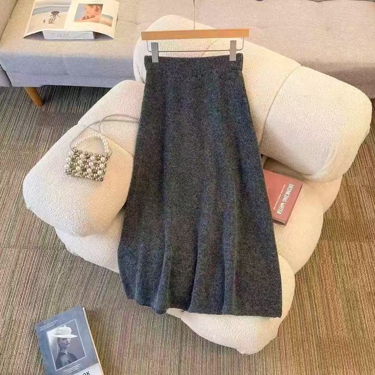 Ženska vunena pletena suknja, srednje duljine, visokim strukom, gusta tkanina, A-linija, elegantan poslovni stil