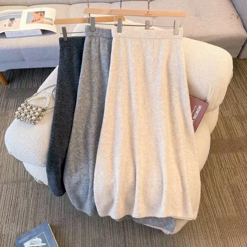 Ženska vunena pletena suknja, srednje duljine, visokim strukom, gusta tkanina, A-linija, elegantan poslovni stil