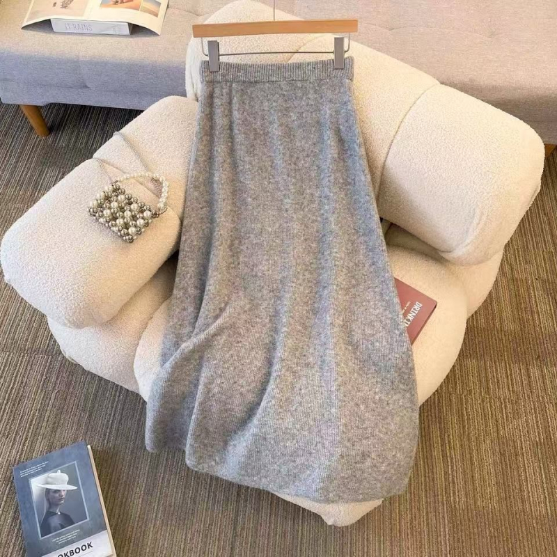 Ženska vunena pletena suknja, srednje duljine, visokim strukom, gusta tkanina, A-linija, elegantan poslovni stil