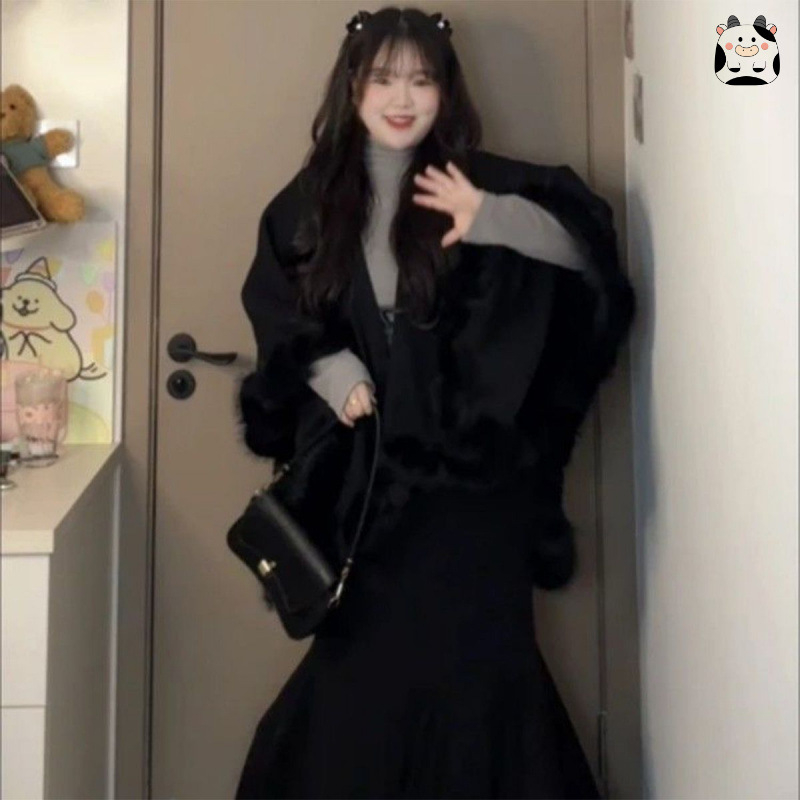 Set sukien s kožušínovým plášťom cez rameno, dlhé rukávy, mini sukňa, spandex zmes, jar 2025