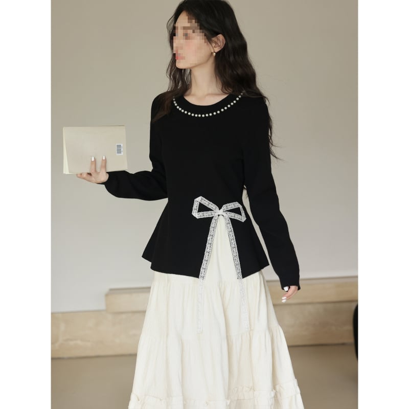 Дамска плетена блуза с мъниста и дантелено парче, качулка, талия до кръста