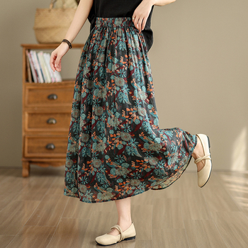 Női pamut mintás középméretű A-vonalú szoknya, irodalmi retro stílus