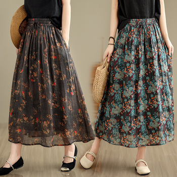 Női pamut mintás középméretű A-vonalú szoknya, irodalmi retro stílus