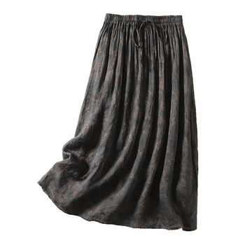 Női pamut mintás középméretű A-vonalú szoknya, irodalmi retro stílus