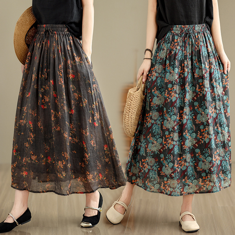 Női pamut mintás középméretű A-vonalú szoknya, irodalmi retro stílus