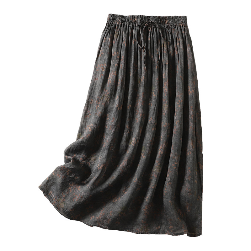 Női pamut mintás középméretű A-vonalú szoknya, irodalmi retro stílus