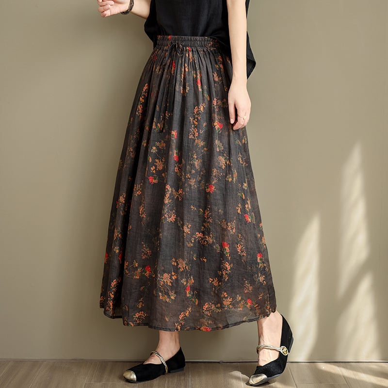 Női pamut mintás középméretű A-vonalú szoknya, irodalmi retro stílus