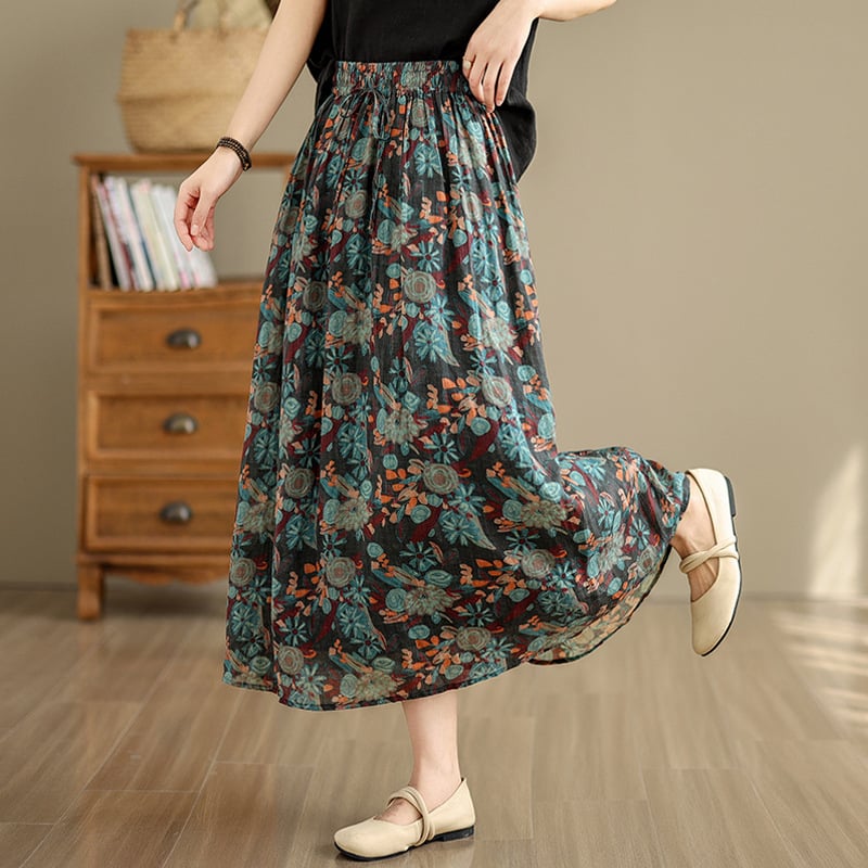 Női pamut mintás középméretű A-vonalú szoknya, irodalmi retro stílus