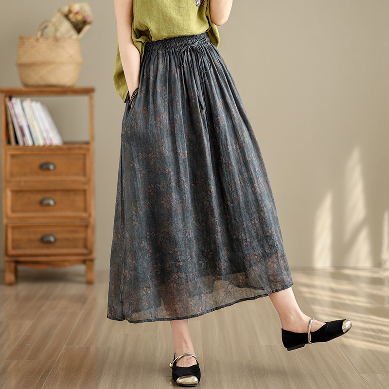 Női pamut mintás középméretű A-vonalú szoknya, irodalmi retro stílus