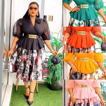 Dvo-djelni set: chiffon top i midi duljine suknja; uzorak: biljni cvjetni; rukavi: naborni, 3/4; tkanina: Drikong tkanina + imitacija svilenog satena; sezona: ljeto 2025