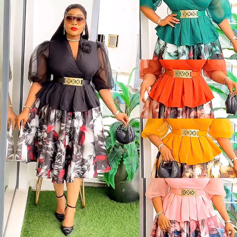 Dvo-djelni set: chiffon top i midi duljine suknja; uzorak: biljni cvjetni; rukavi: naborni, 3/4; tkanina: Drikong tkanina + imitacija svilenog satena; sezona: ljeto 2025