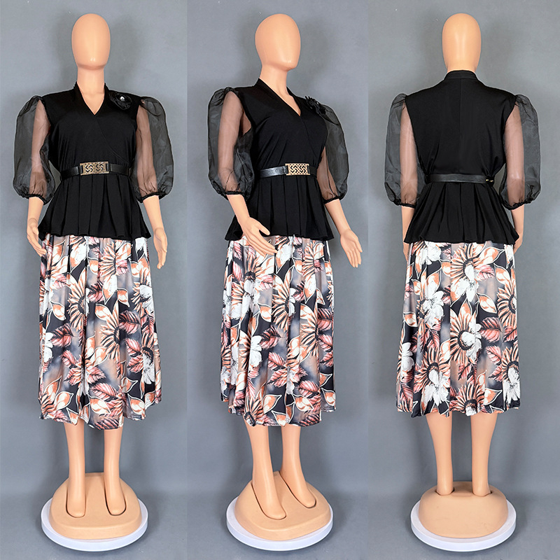 Dvo-djelni set: chiffon top i midi duljine suknja; uzorak: biljni cvjetni; rukavi: naborni, 3/4; tkanina: Drikong tkanina + imitacija svilenog satena; sezona: ljeto 2025