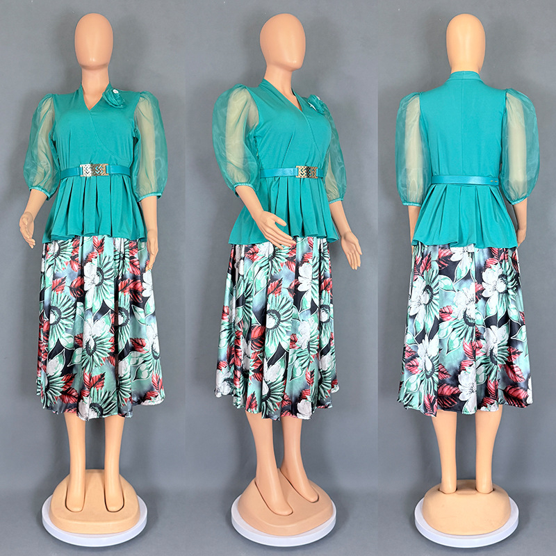 Dvo-djelni set: chiffon top i midi duljine suknja; uzorak: biljni cvjetni; rukavi: naborni, 3/4; tkanina: Drikong tkanina + imitacija svilenog satena; sezona: ljeto 2025