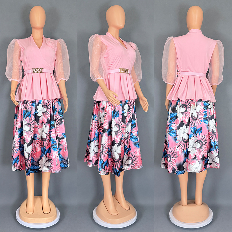 Dvo-djelni set: chiffon top i midi duljine suknja; uzorak: biljni cvjetni; rukavi: naborni, 3/4; tkanina: Drikong tkanina + imitacija svilenog satena; sezona: ljeto 2025