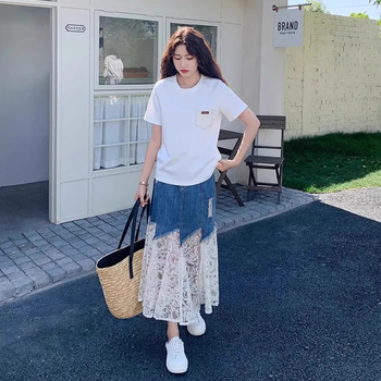 Set fustă-top cu dantelă și fustă din denim (Poliester 80–90%, Lungime fustă: midi, Mâneci: 3/4, Vară 2025)