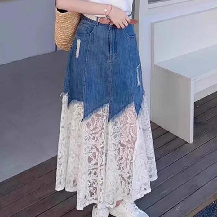 Set fustă-top cu dantelă și fustă din denim (Poliester 80–90%, Lungime fustă: midi, Mâneci: 3/4, Vară 2025)