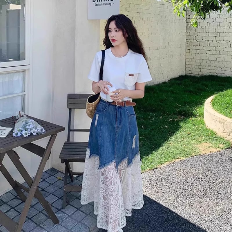 Set fustă-top cu dantelă și fustă din denim (Poliester 80–90%, Lungime fustă: midi, Mâneci: 3/4, Vară 2025)