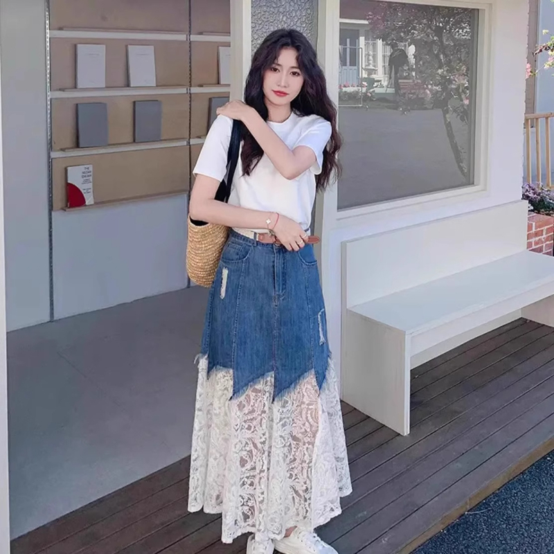 Set fustă-top cu dantelă și fustă din denim (Poliester 80–90%, Lungime fustă: midi, Mâneci: 3/4, Vară 2025)