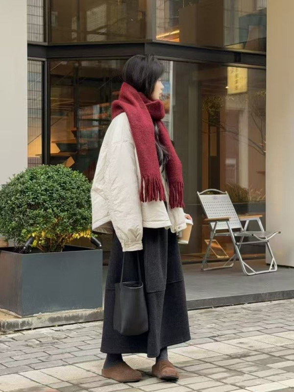 Zhidian Dlhá A-línia vlnená sukňa s elastickým pásom, hrubá látka, jar 2025, ležérny japonsko-kórejský štýl