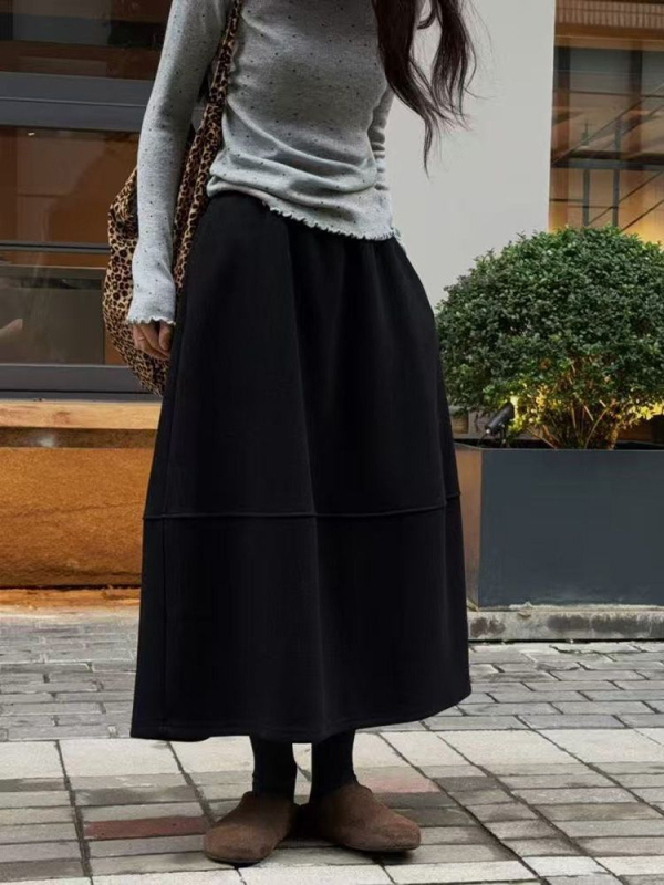 Zhidian Dlhá A-línia vlnená sukňa s elastickým pásom, hrubá látka, jar 2025, ležérny japonsko-kórejský štýl