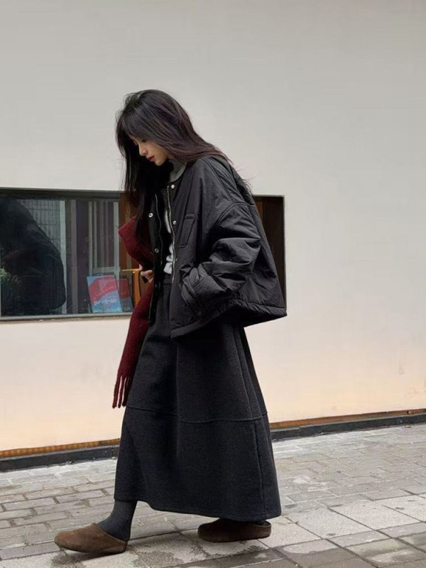 Zhidian Dlhá A-línia vlnená sukňa s elastickým pásom, hrubá látka, jar 2025, ležérny japonsko-kórejský štýl