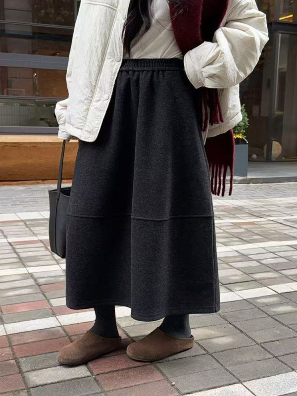 Zhidian Dlhá A-línia vlnená sukňa s elastickým pásom, hrubá látka, jar 2025, ležérny japonsko-kórejský štýl