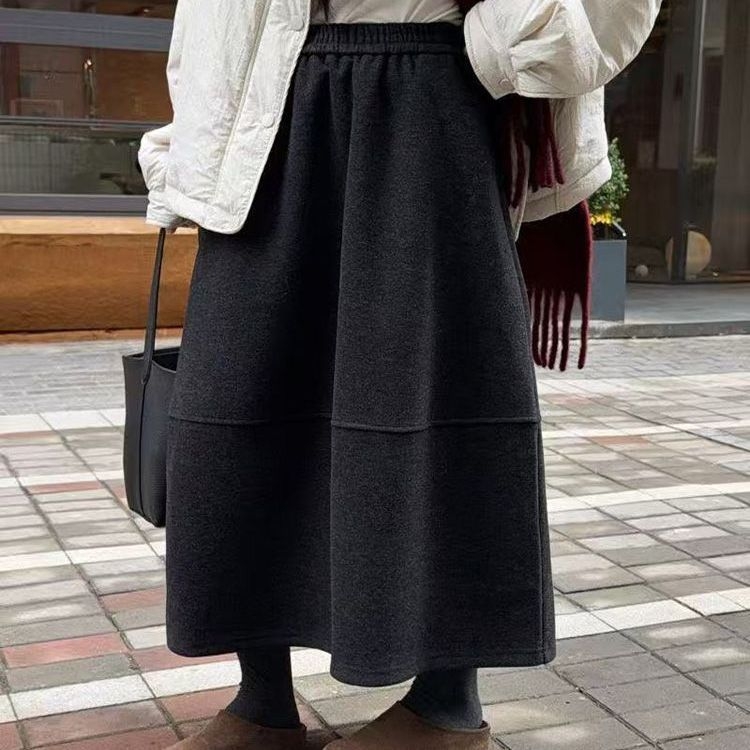 Zhidian Dlhá A-línia vlnená sukňa s elastickým pásom, hrubá látka, jar 2025, ležérny japonsko-kórejský štýl