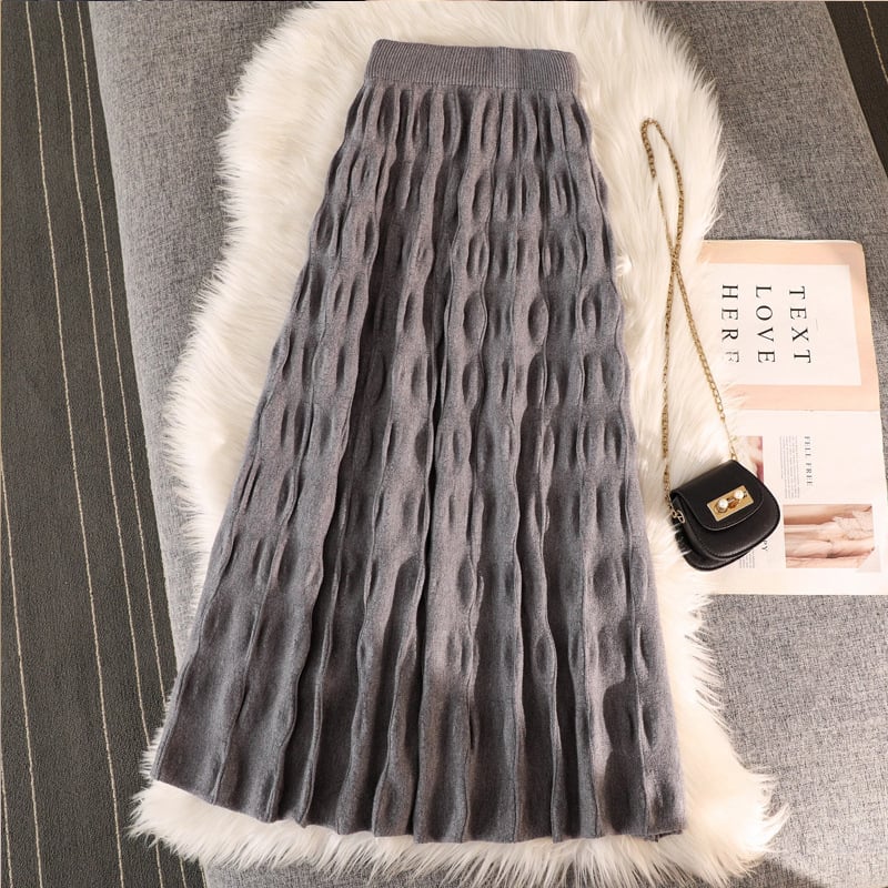 Pletena plisirana duga suknja, A-linija, visokim strukom