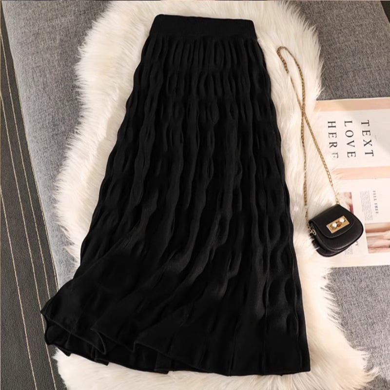 Pletena plisirana duga suknja, A-linija, visokim strukom