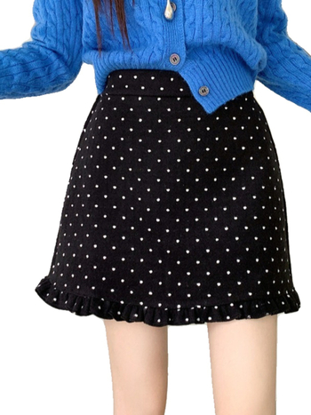 Suknja A-linije od vunene smjese s uzorkom valovito-točaka; tkanina vuna i elastan; jesen 2025