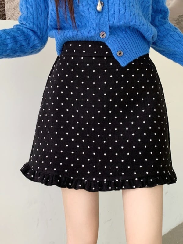 Suknja A-linije od vunene smjese s uzorkom valovito-točaka; tkanina vuna i elastan; jesen 2025