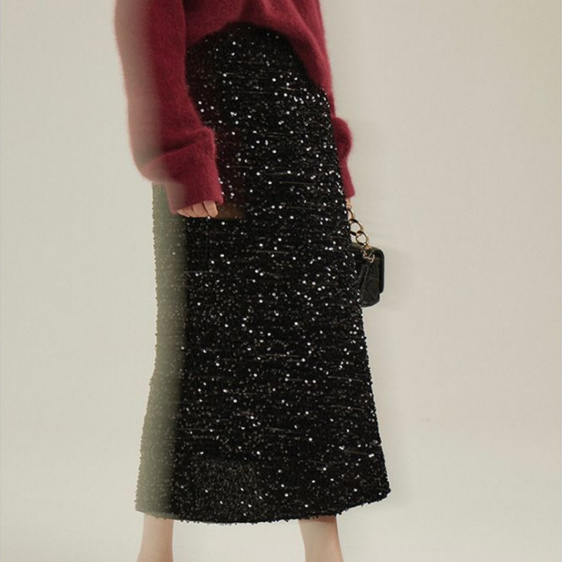 Monokromatska A-linijska midi suknja, baršun/poliester tkanina, mikroelastična