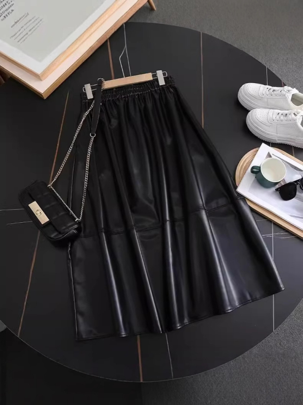 PU kožna suknja, A-linija, visoki struk, srednja duljina, zimska 2024