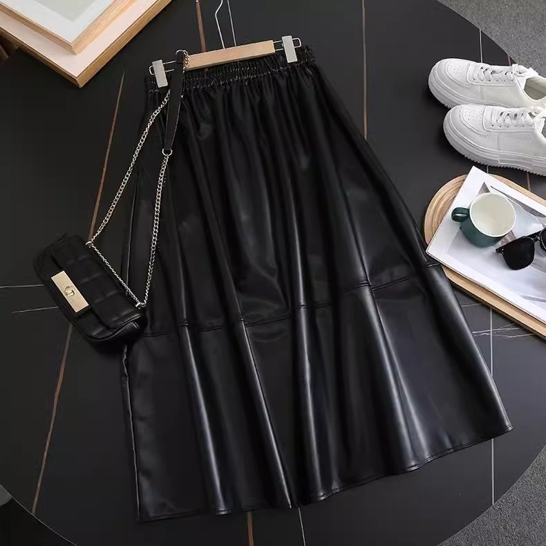 PU kožna suknja, A-linija, visoki struk, srednja duljina, zimska 2024