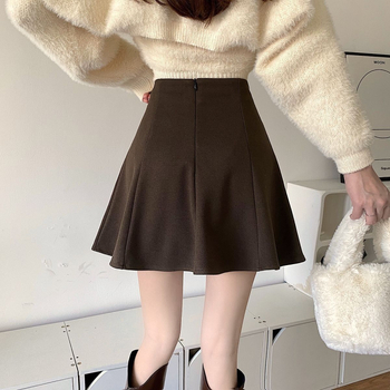 A-vonalú rövid gyapjú szoknya, egyszínű, magas derekú, retro stílus, rejtett cipzár, 95% poliészter