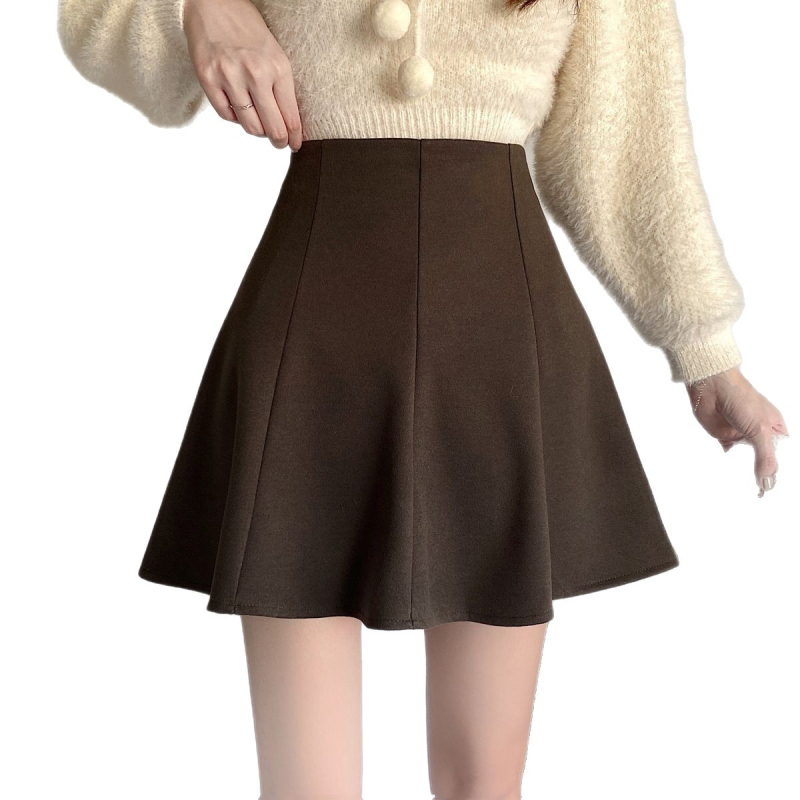 A-vonalú rövid gyapjú szoknya, egyszínű, magas derekú, retro stílus, rejtett cipzár, 95% poliészter