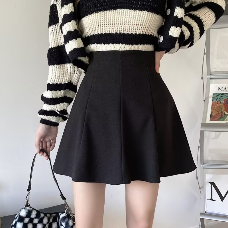 A-vonalú rövid gyapjú szoknya, egyszínű, magas derekú, retro stílus, rejtett cipzár, 95% poliészter