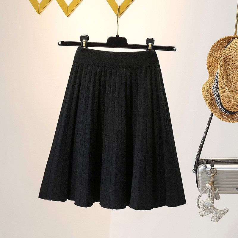 Kötött pliszírozott midi szoknya magas derekú, poliészter, mikroelasztikus, mindennapi stílus