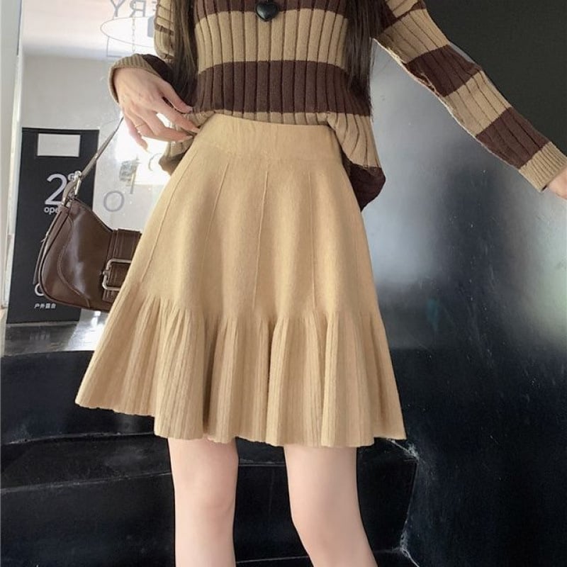 А-образна плетена пола, полиестер материя, градски стил, къса дължина, микроеластичност