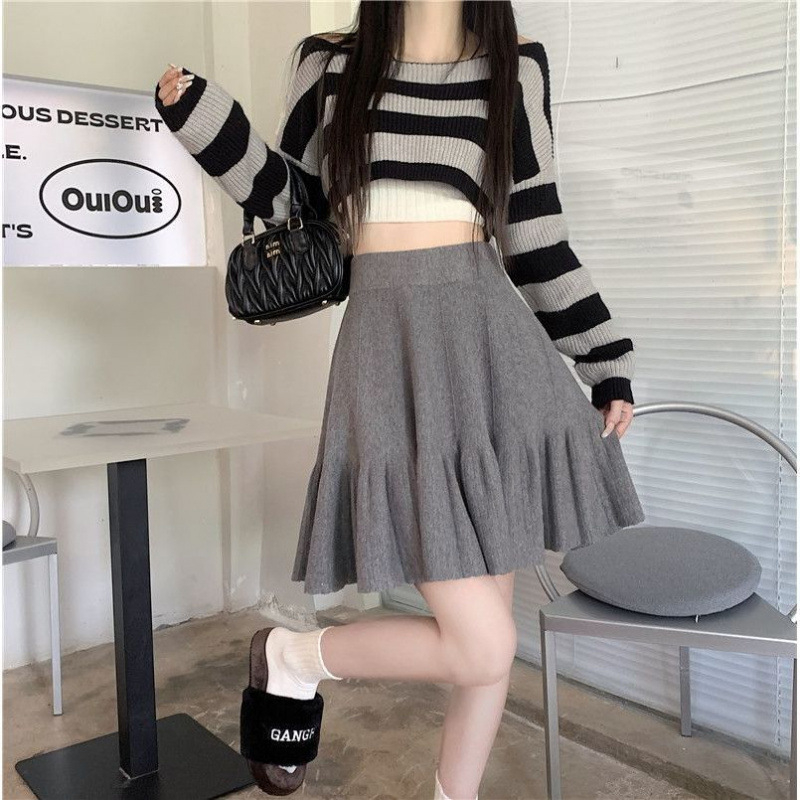 А-образна плетена пола, полиестер материя, градски стил, къса дължина, микроеластичност