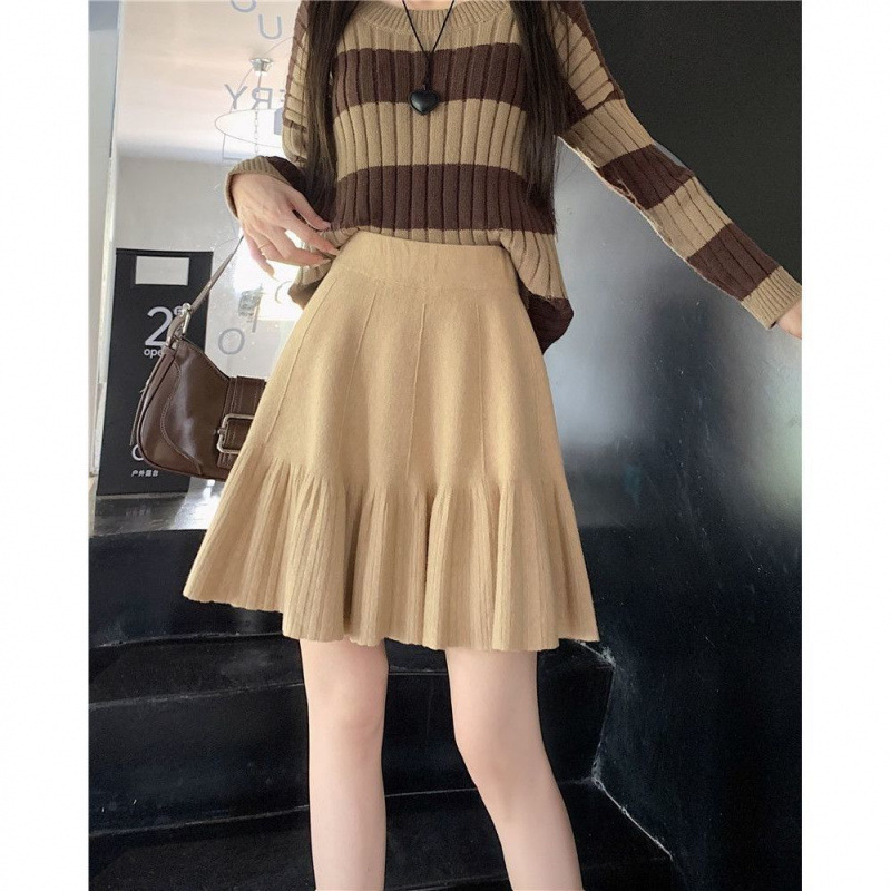 А-образна плетена пола, полиестер материя, градски стил, къса дължина, микроеластичност