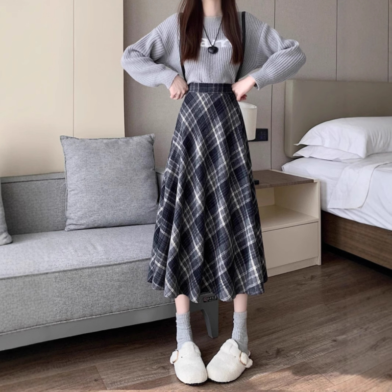A-vonalú hosszú szoknya kockás mintával, poliészter, őszi-téli szezon