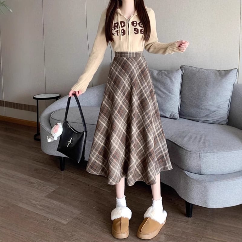 A-vonalú hosszú szoknya kockás mintával, poliészter, őszi-téli szezon