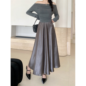 Acetát szatén hosszú szoknya, magas derék, A-vonal, japán-koreai lazább stílus, nyár 2025